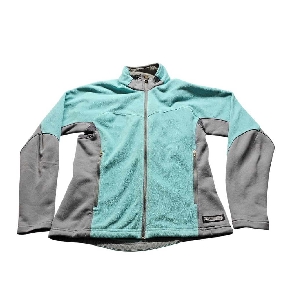 REI Full Zip Fleece Jacket Womens Teal Grey Colorblock Outdoor Hiking 5057